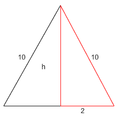 Triangle with side lengths 10, 10 and 4, with right triangle drawn