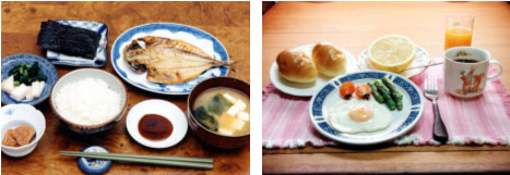 traditional style breakfast (left) and Western-style breakfast (right)