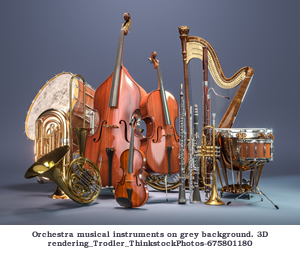 Orchestra musical instruments on grey background