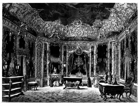 black and white illustration of baroque era room