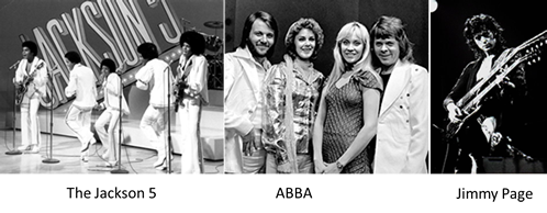 Composite Image, Attributions:Publicity photo of the Jackson 5 from their 1972 television special ©1972 CBS, https://en.wikipedia.org/w/index.php?title=File:Jackson_5_tv_special_1972.JPG (public domain), ABBA in AVRO's TopPop (Dutch television show) in 1974, https://commons.wikimedia.org/wiki/File:ABBA_-_TopPop_1974_5.png(Creative Commons Attribution-Share Alike 3.0 Unported),  Jimmy Page #2 in Madison Square Garden with Led Zeppelin, Diana Regine, https://commons.wikimedia.org/wiki/File:Jimmy_Page_early.jpg(Creative Commons Attribution-Share Alike 2.0 Generic)