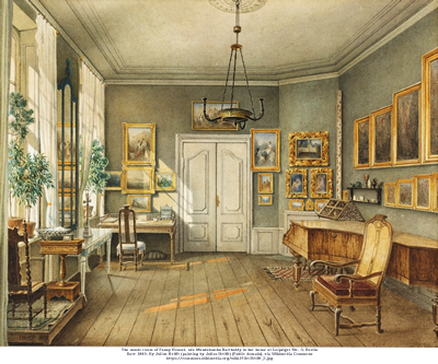 The music room of Fanny Hensel, née Mendelssohn Bartholdy in her home at Leipziger Str. 3, Berlin
Date 1849, By Julius Helfft (painting by Julius Helfft) [Public domain], via Wikimedia Commons
https://commons.wikimedia.org/wiki/File:Helfft_3.jpg