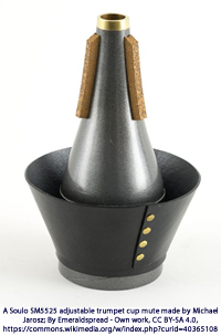 A Soulo SM5525 adjustable trumpet cup mute made by Michael Jarosz; By Emeraldspread - Own work, CC BY-SA 4.0, https://commons.wikimedia.org/w/index.php?curid=40365108