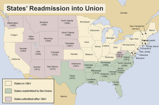 Map of states readmitted into the Union