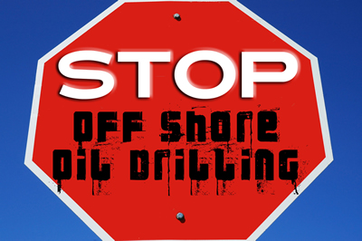 Stop off shore oil drilling written across a sign.