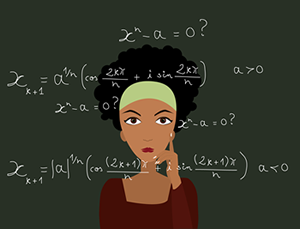 A student in front of a chalkboard with algebra equations written in the background; iStock.com