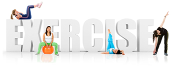 The word, “Exercise” written against a white background surrounded by students living a healthy lifestyle; Shutterstock.com