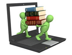 3D characters carrying a stack of books out of a laptop; ThinkStock.com 