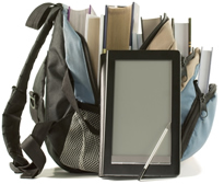 School backpack and an eReader; Thinkstock.com