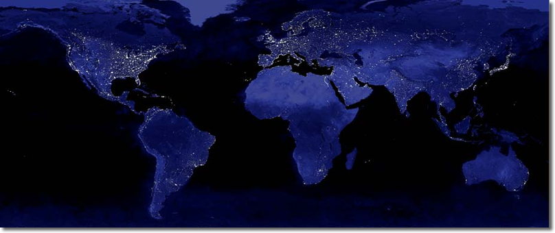 The image shows the urbanization of the world's cities through the use of the DMSP satellite system. This image of Earth's city lights was created with data from the Defense Meteorological Satellite Program (DMSP) Operational Linescan System (OLS). 