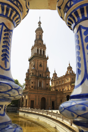 Spain, Andalucia, Seville, Plaza de Espana, view through stairs