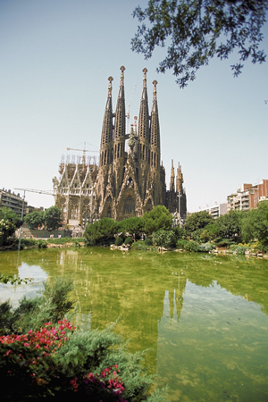 Reflection of a church in water, Sagrada Familia, Barcelona, Spain