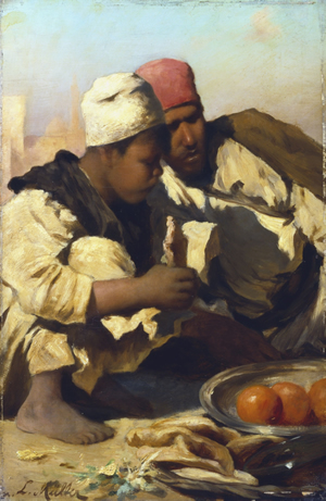 Painting depicting Arabs in Cairo market by Leopold Muller