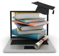 A laptop with books coming out of the screen symbolizing the concept of online learning; iStock.com