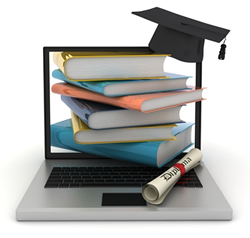 A laptop with books on the screen and a diploma on the right side; Shutterstock.com