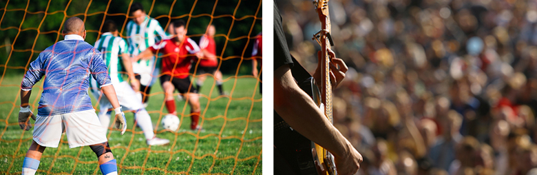 A split photo, with soccer players on one side and a rock concert on the other