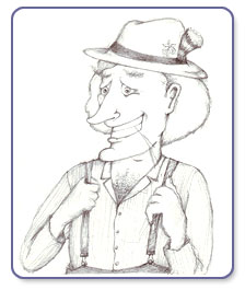 cartoon of man with suspenders and hat