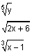 the fifth root of y, the square root of two x plus six, the cube root of x minus one