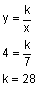 y equals k divided by x, 4 equals k divided by 7, k equals 28