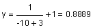 y equals 1 divided by the sum of negative 10 plus 3, plus 1 equals 0.8889