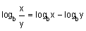 log base b of the quotient x divided by y equals log base b of x minus log base b of y