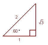 = right triangle with base angle equals to pi divided by 3, legs equal to 1 and square root of 3 and hypotenuse equal to 2