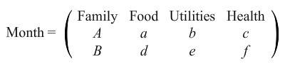 Matrix organizing  families food, utilities, and health expenses. The matrix has two rows and three columns.
