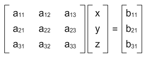 three by three matrix containing coefficients of the three variables from the three equations, times three by one matrix containing x y and z, equals three by one matrix containing the constants from each equation