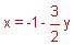 x is equal to negative one minus three halves y