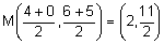 point M with coordinates 4 plus 0 divided by 2 and 6 plus 5 divided by 2 equals the coordinates 2, eleven-halves