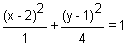 quantity x minus 2 squared divided by 1 plus quantity y minus 1 squared divided by 4 equals 1