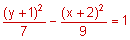 quantity y plus 1 squared, divided by 7, minus quantity x plus 2 squared, divided by 9, equals 1