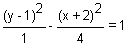 quantity y minus 1 squared divided by 1 minus quantity x plus 2 squared divided by 4 equals 1