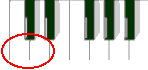 Piano keyboard with C and D circles