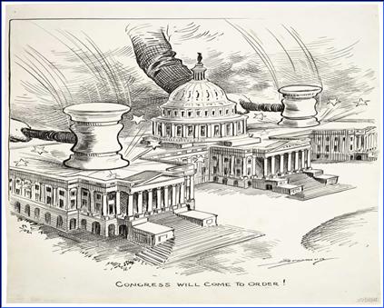 political cartoon showing gavels falling on Capitol building with the caption Congress will come to order!